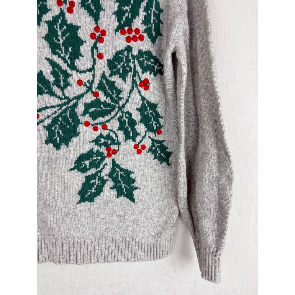 Talbots Womens Gray Holly Berry Intarsia Holiday Christmas Crewneck Sweater M - Picture 6 of 14